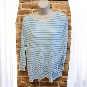J.JILL Linen Blend Shirt Women Small Tall Stripe White Blue T56